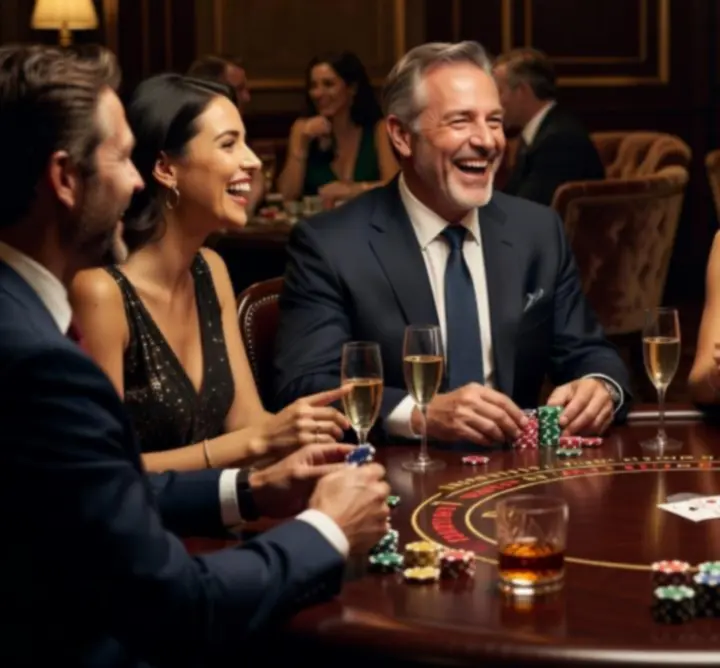 Vendégek blackjack asztalnál nevetnek és jól érzik magukat egy elegáns esten
